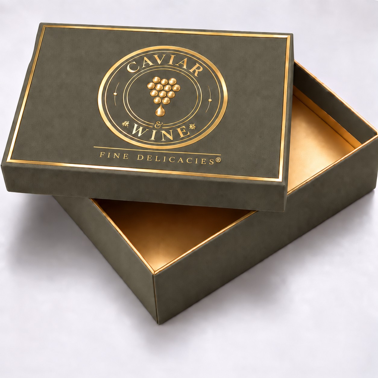 Caixa premium Caviar & Wine em verde azeitona